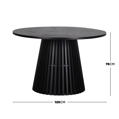 Riri 120cm Round Fluted Wood Dining Table in Black features a 120 cm round top and a striking fluted conical pedestal base with vertical slats, exuding modern architectural elegance.