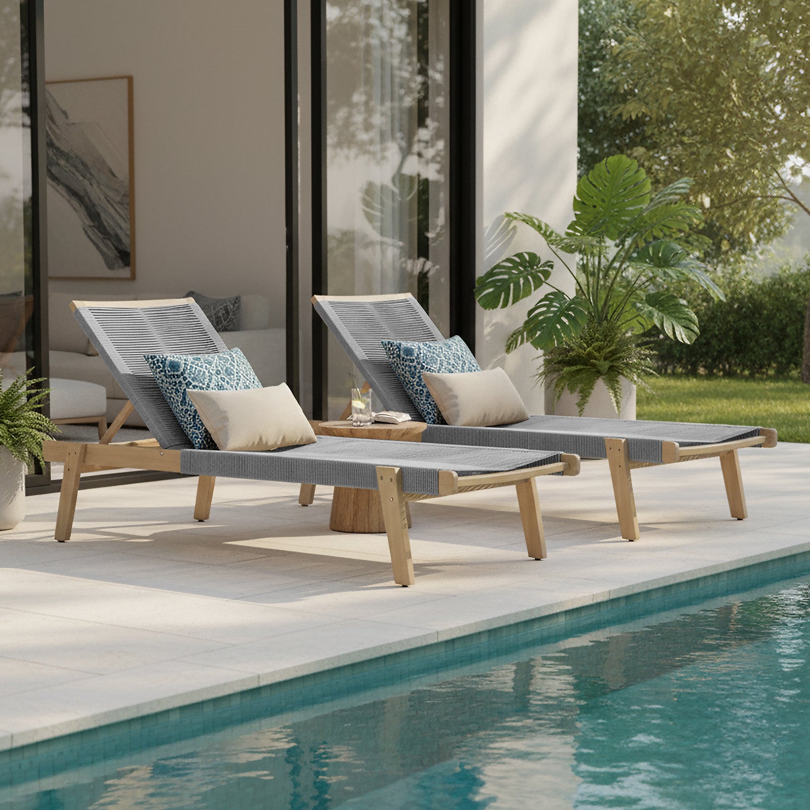 Aureli Hardwood Acacia Reclining Sun Lounger in Light Grey with teak-toned frame, gray woven sling seat, and decorative pillows, beside a round side table on a poolside terrace.