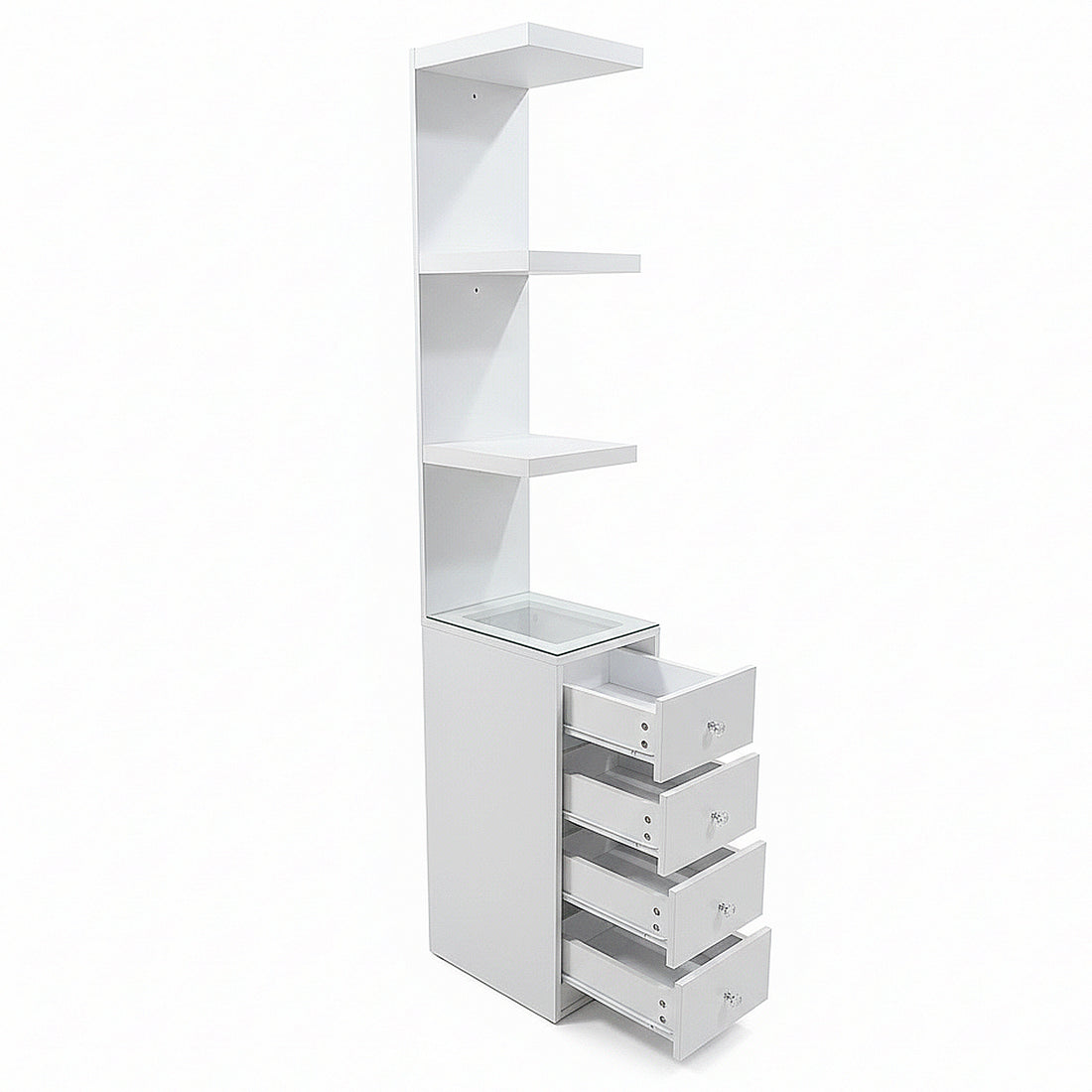 White storage unit with three shelves and four drawers shown open on white background