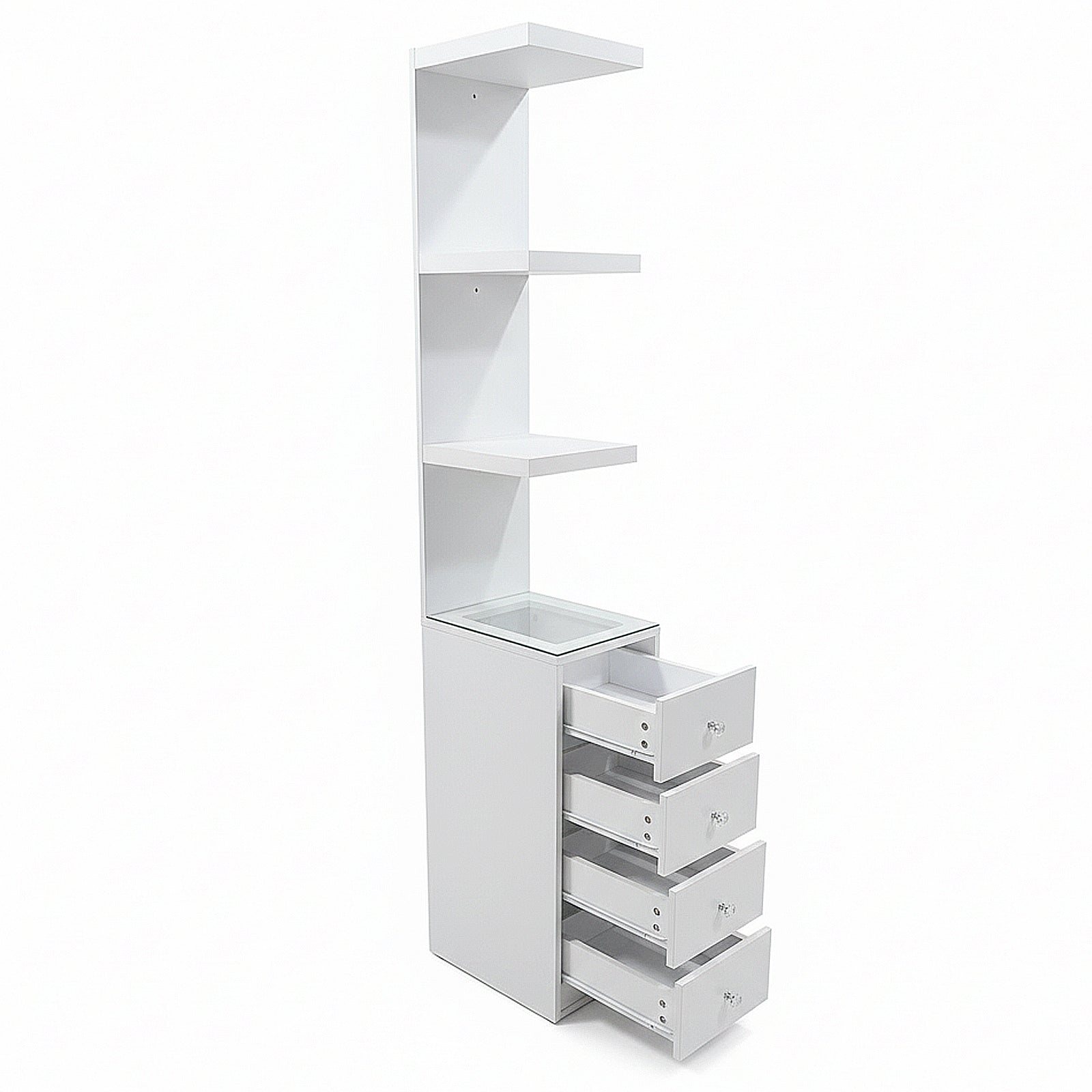 White storage unit with three shelves and four drawers shown open on white background