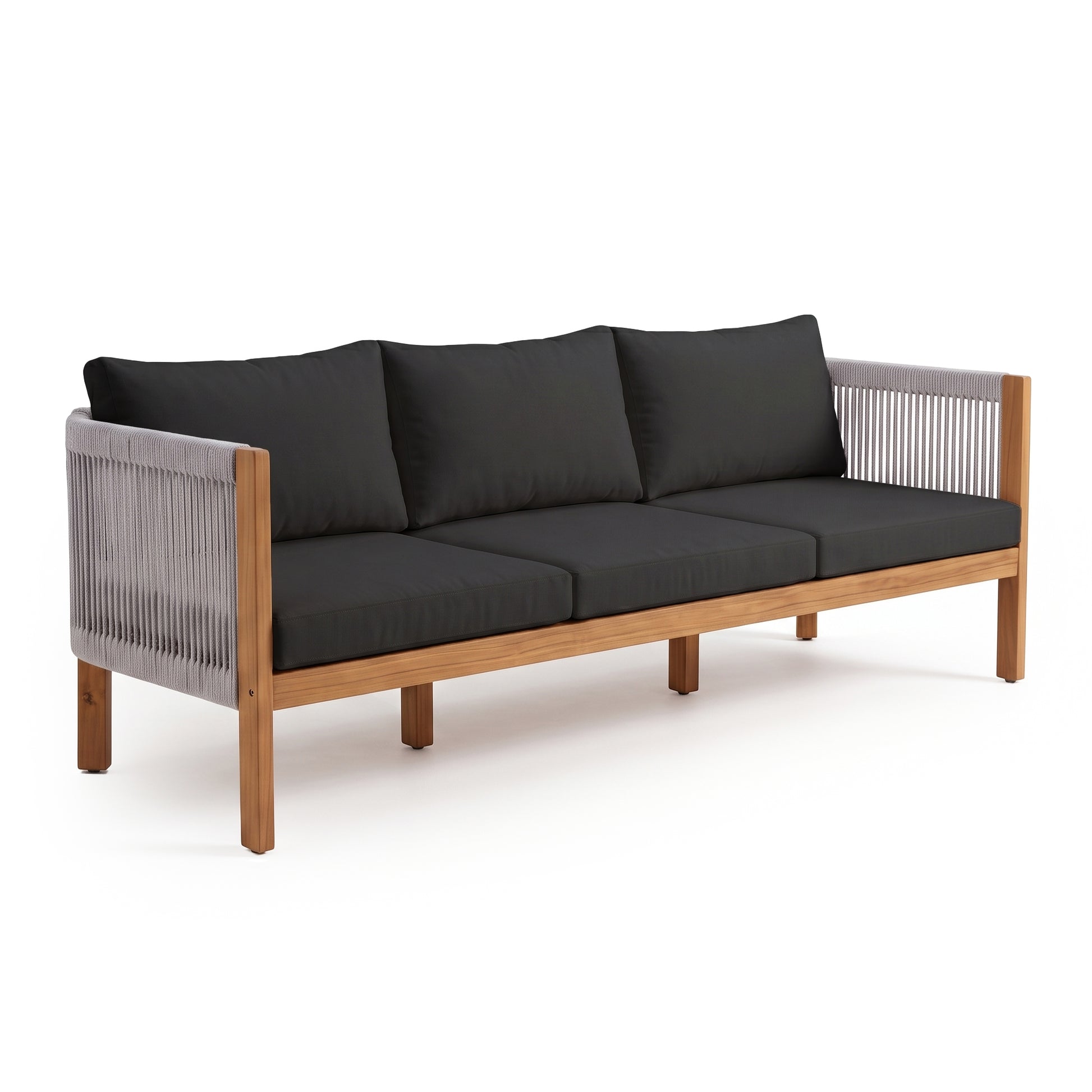 Modern outdoor sofa with wood frame and black cushions on a white background