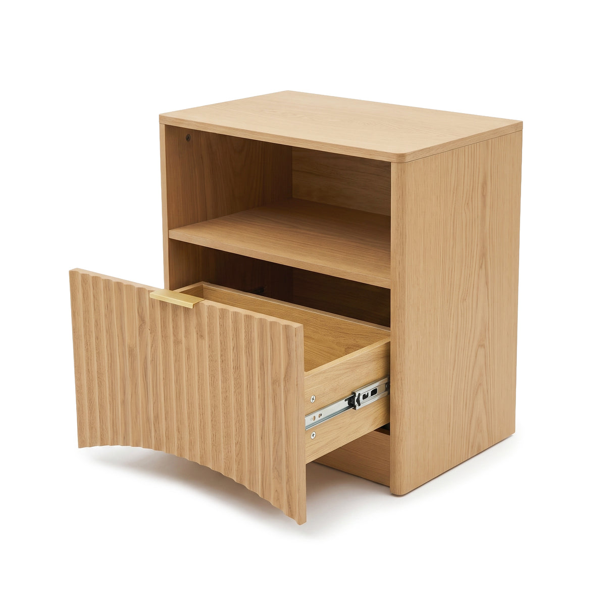 Light oak nightstand with open shelf and partially open lower drawer on white background.