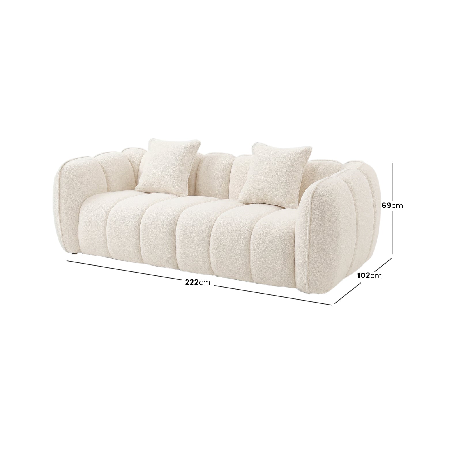 Modern tufted cream sofa with dimension labels displayed on a white background