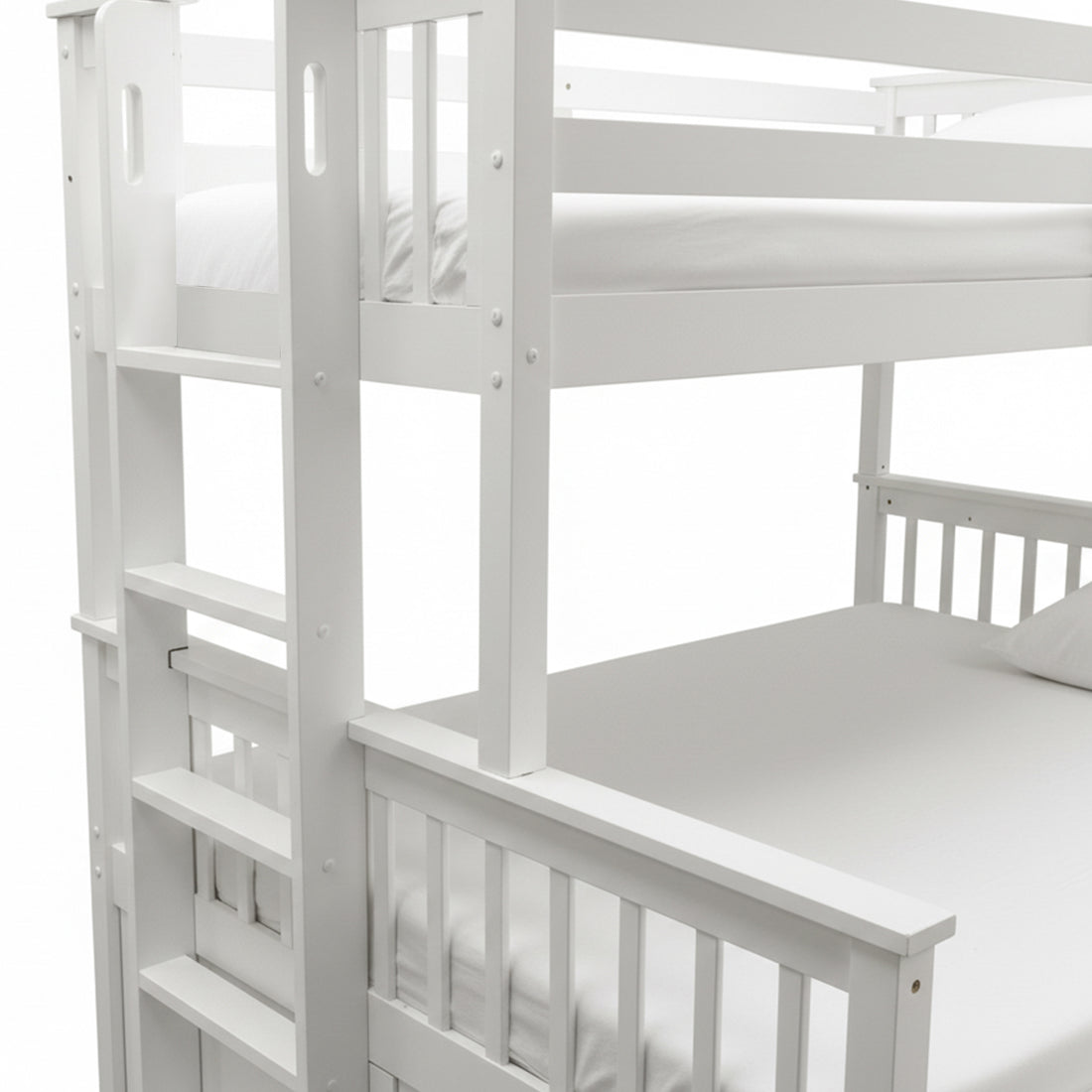 Partial side view of white wooden bunk bed on white background
