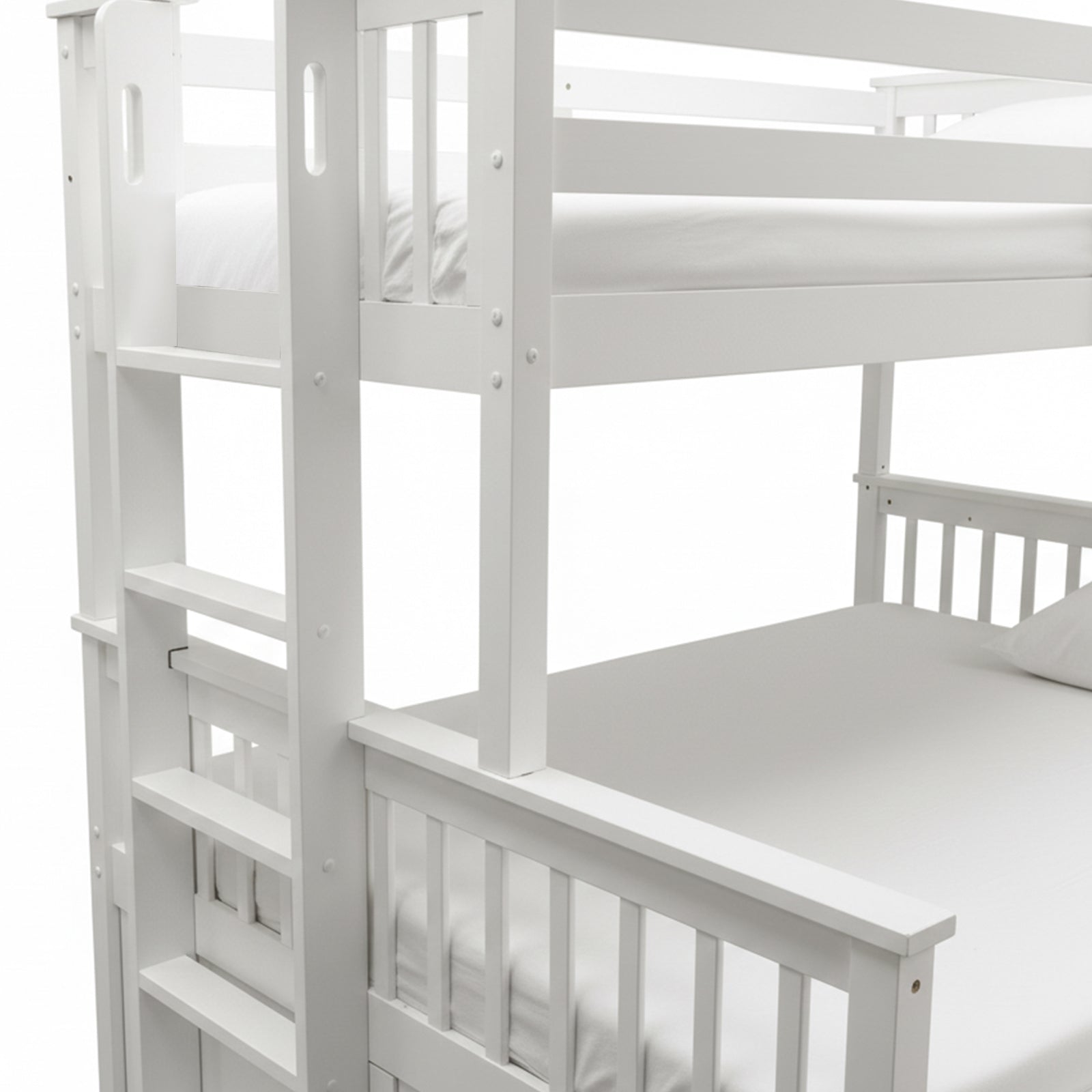 Partial side view of white wooden bunk bed on white background