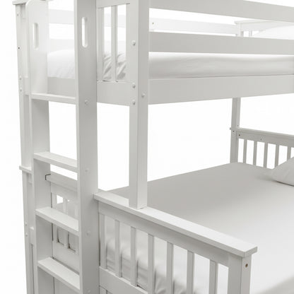Partial side view of white wooden bunk bed on white background
