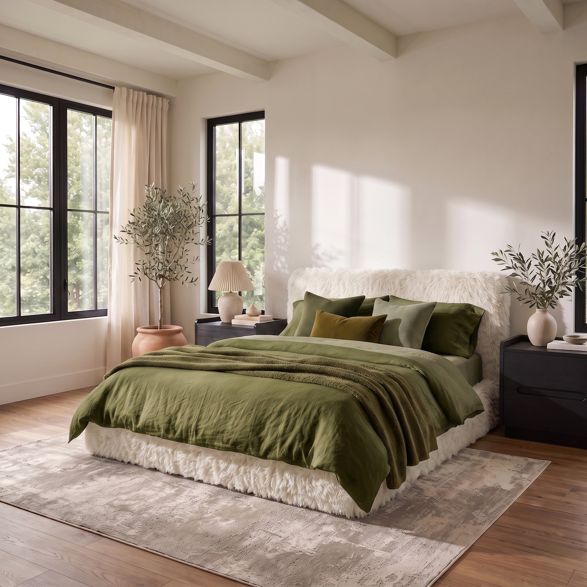 Upholstered bed styled in a bright modern bedroom.