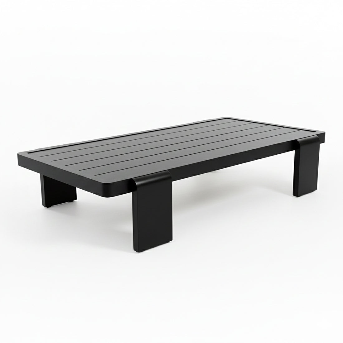 Modica 5 Seater Aluminium Outdoor Sofa Set in Black & Grey, featuring a sleek aluminium frame with plush cushions, and a matching low coffee table, creating a modern, inviting outdoor lounge setup.