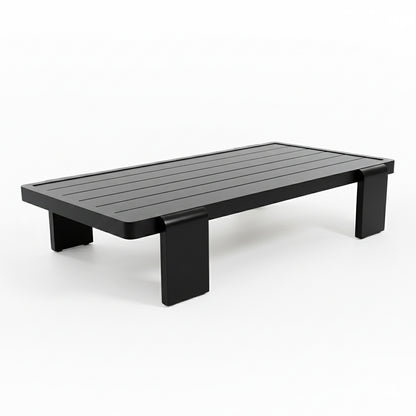 Modica 5 Seater Aluminium Outdoor Sofa Set in Black & Grey, featuring a sleek aluminium frame with plush cushions, and a matching low coffee table, creating a modern, inviting outdoor lounge setup.