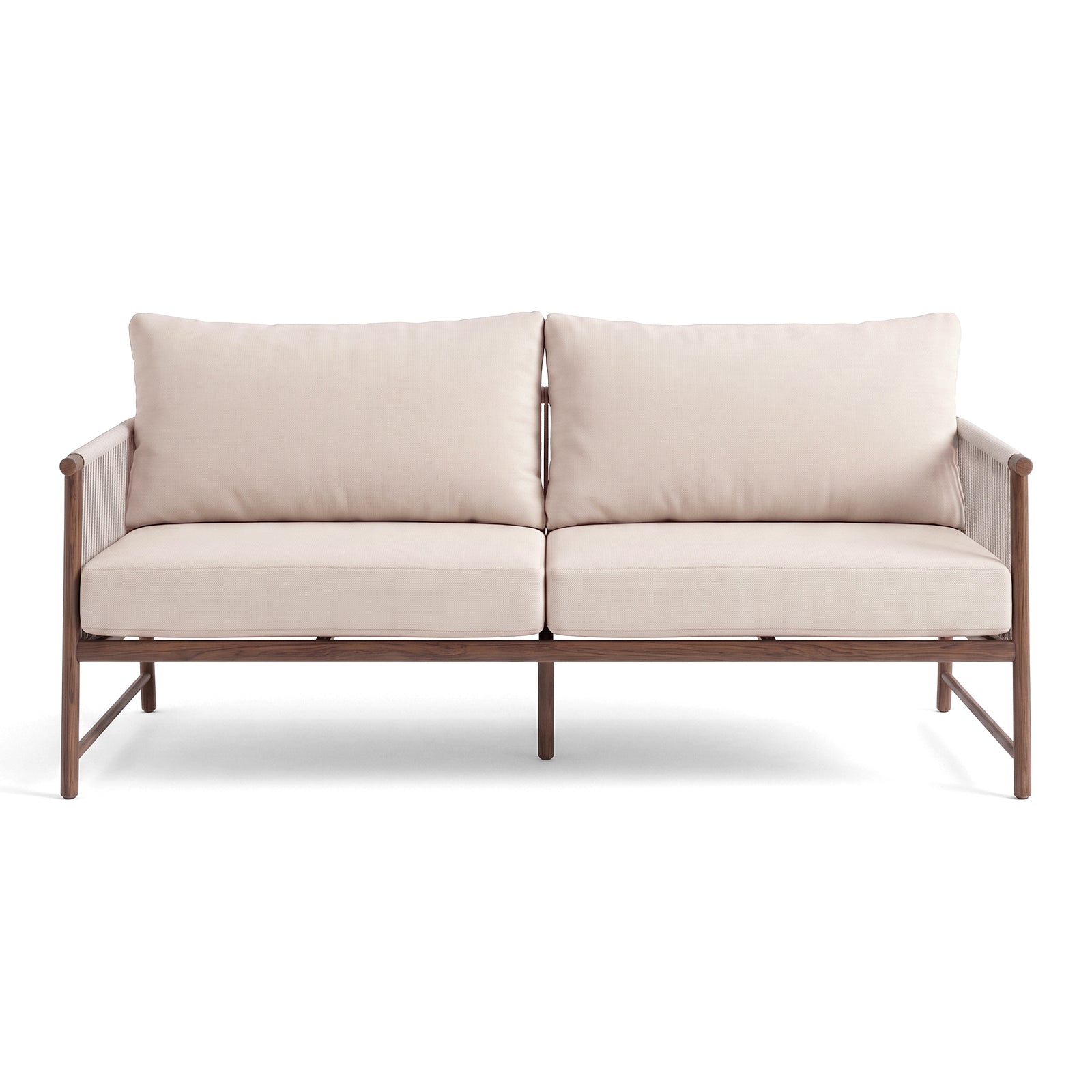Two-seater sofa with beige cushions on white background
