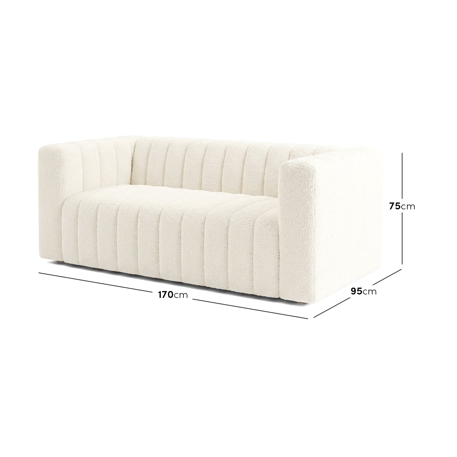Cream sofa on white background with dimensions labeled