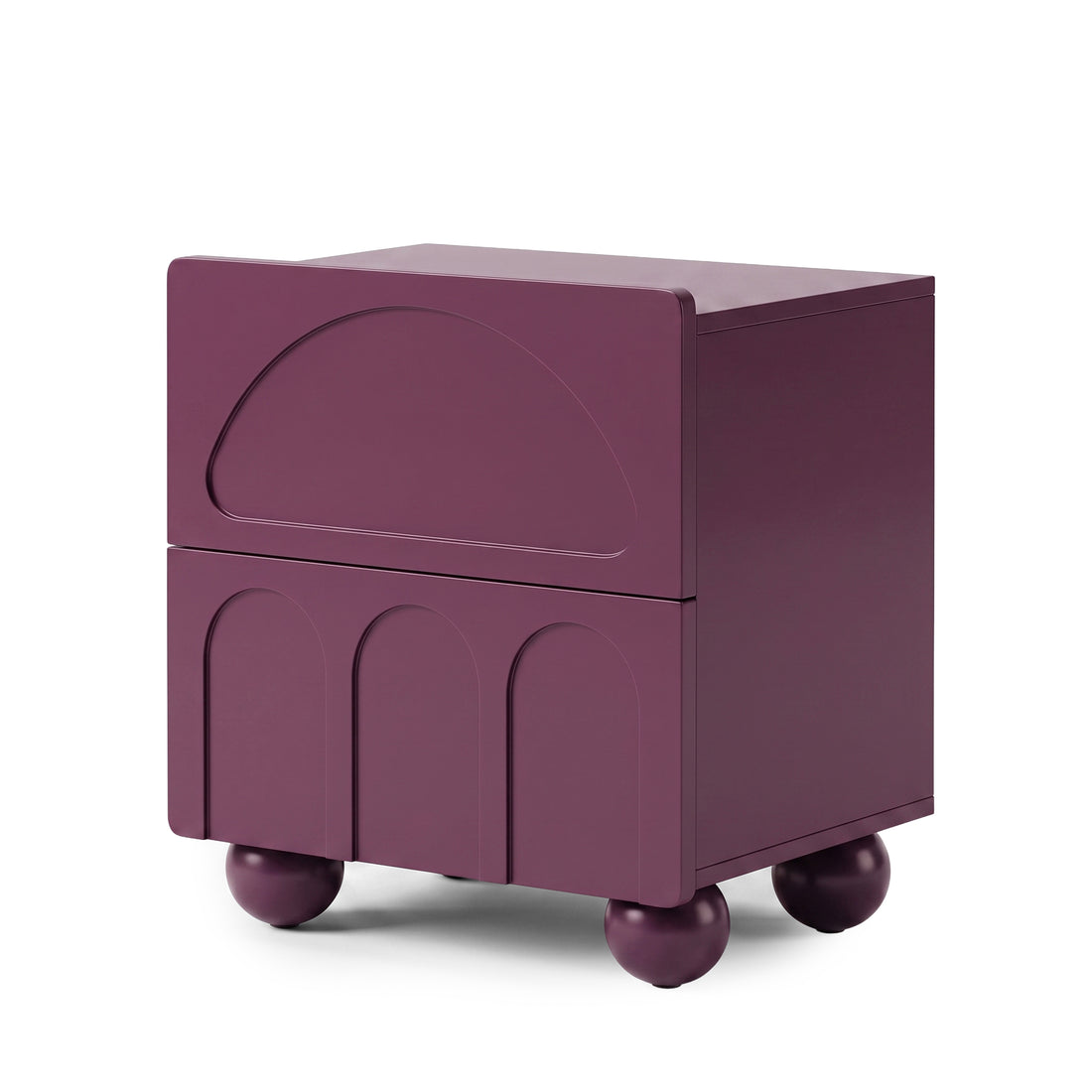 Deep purple cube-shaped nightstand with spherical feet on a white background