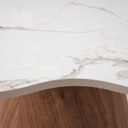 Close-up of marble-look tabletop edge and wooden base detail