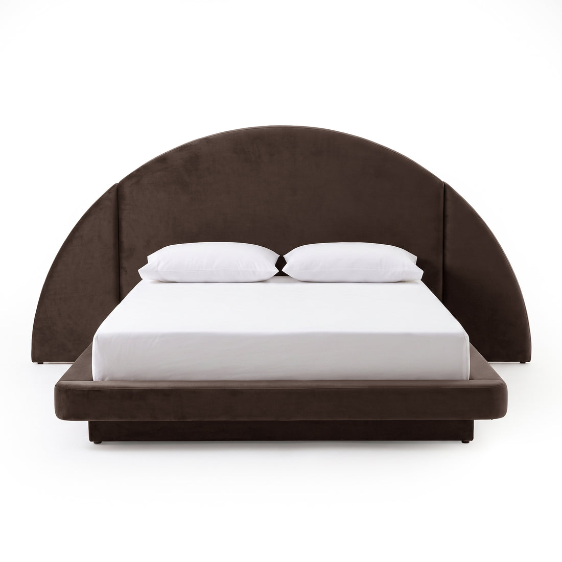 Modern upholstered bed with a semi-circular headboard on a white background