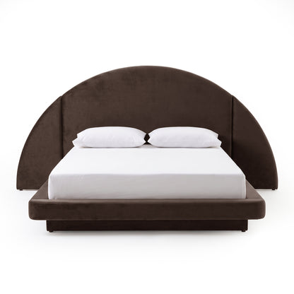 Modern upholstered bed with a semi-circular headboard on a white background