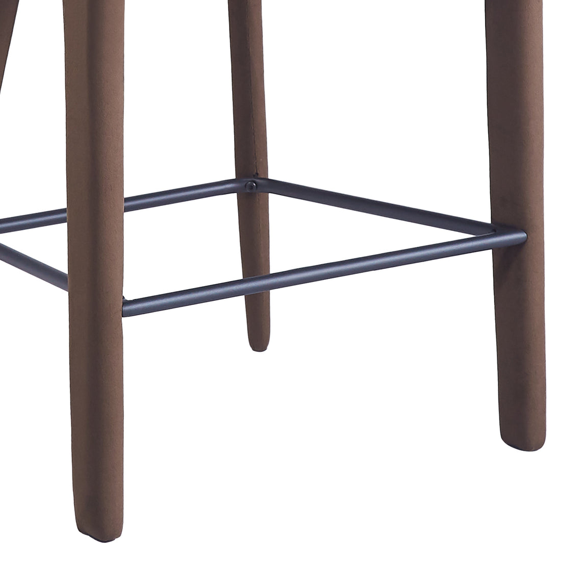 Close-up of wooden legs and metal footrest of bar stool