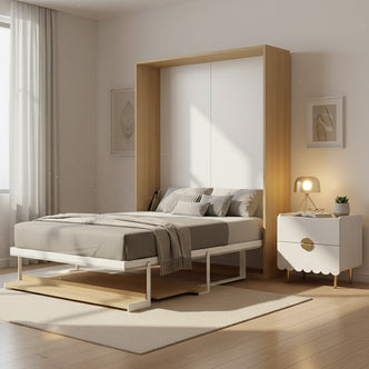Logan Queen Murphy Bed & Cybele Mattress in White Natural, displayed folded down with gray-taupe linens, features a light-wood frame, matching platform, and built-in shelf, enhancing a minimalist bedroom corner.