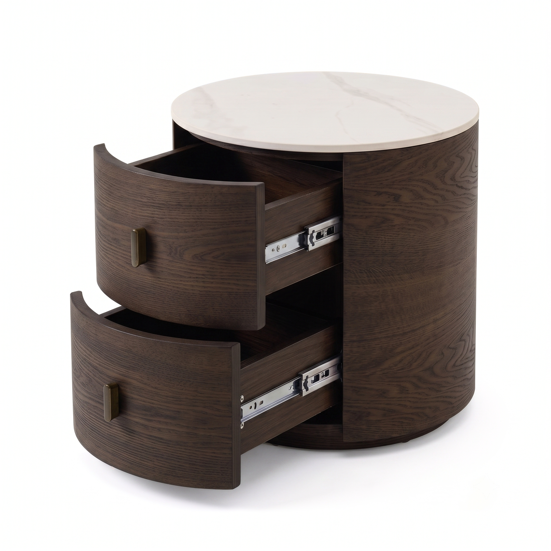 Round wooden side table with white top and open drawers on a white background.