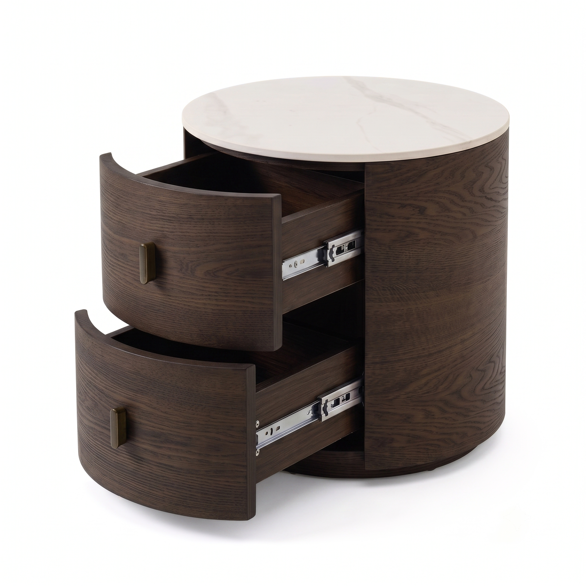 Round wooden side table with white top and open drawers on a white background.