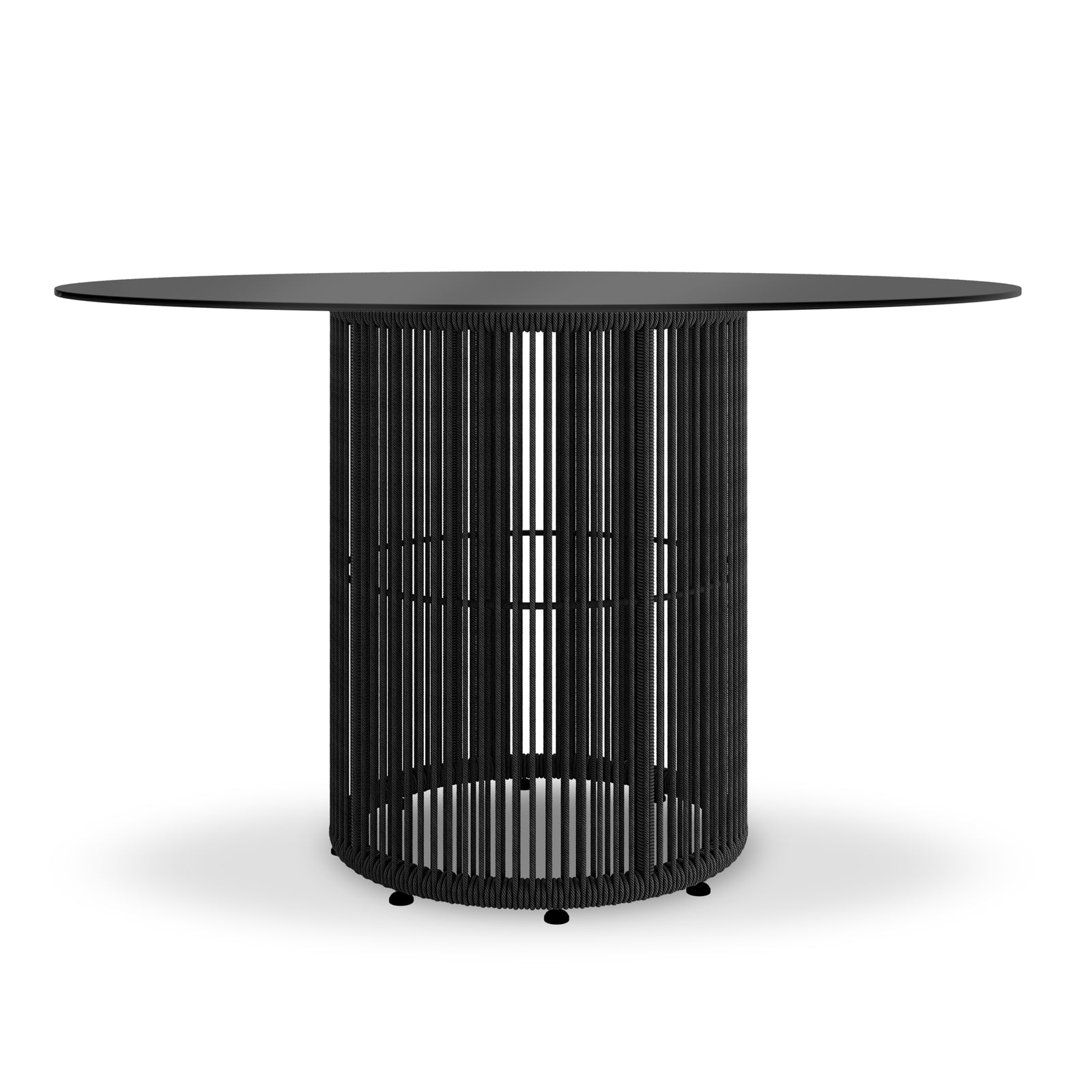 Vellora 4 Seater Wicker Outdoor Dining Set in Black featuring a modern round table with a slim black tabletop atop a cylindrical, open caged base of vertical rods for a stylish alfresco look.