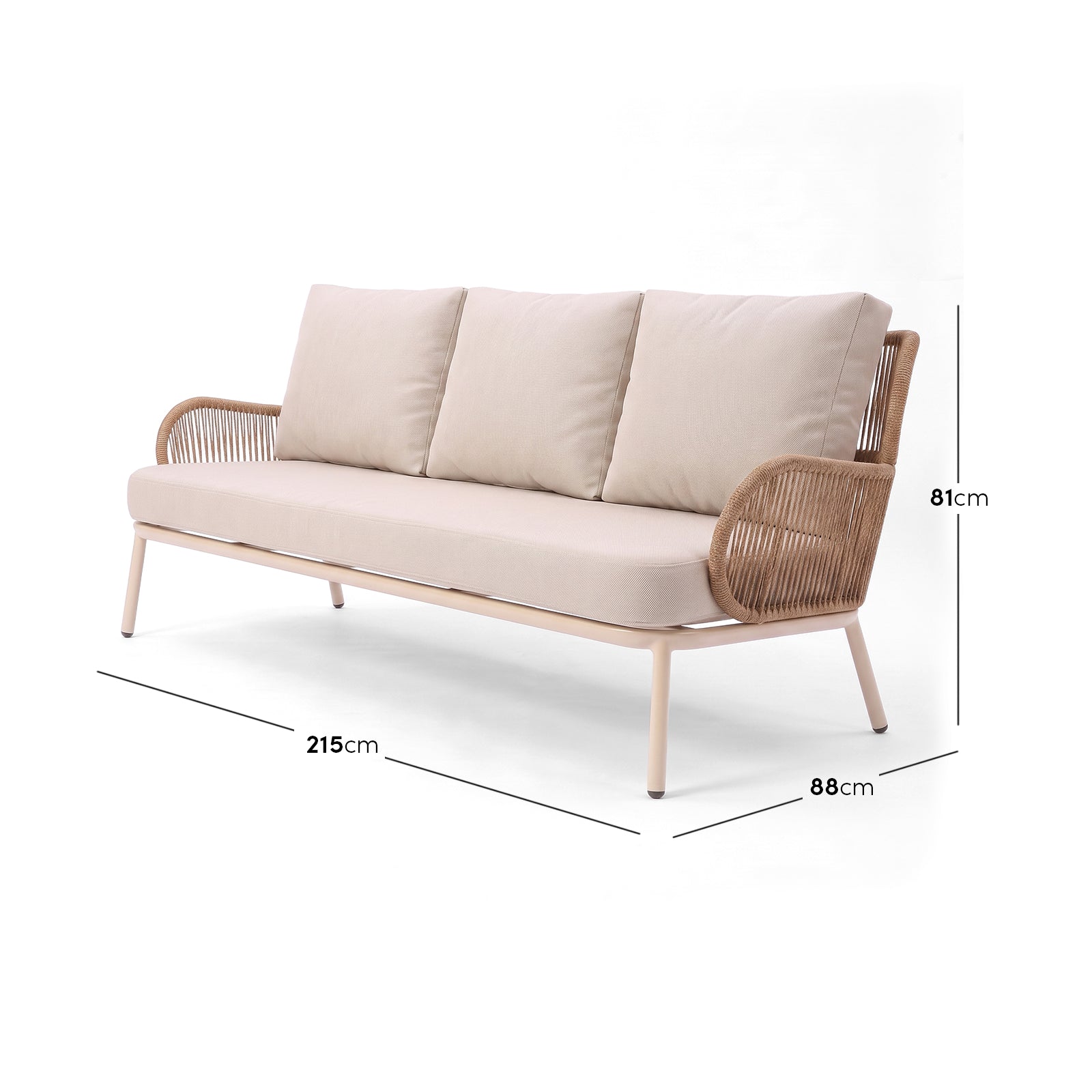 Three-seater sofa on white background with dimensions labeled 215 cm by 88 cm by 81 cm