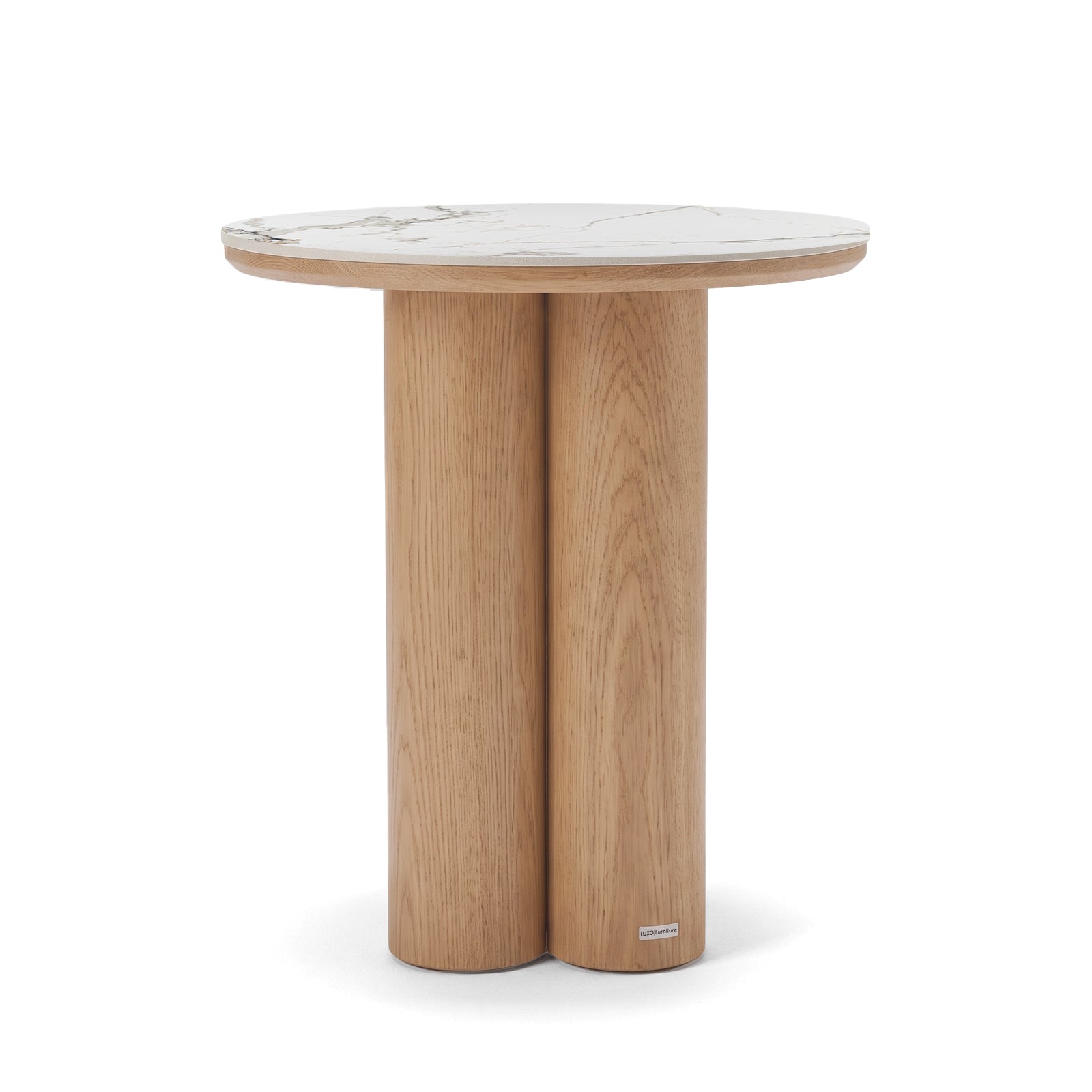 Contemporary round side table with a stone-look top and two cylindrical wooden legs on a white background
