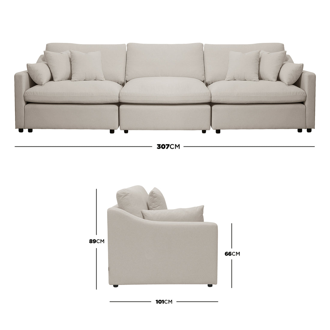 Beige sofa shown from front and side with dimensions labeled