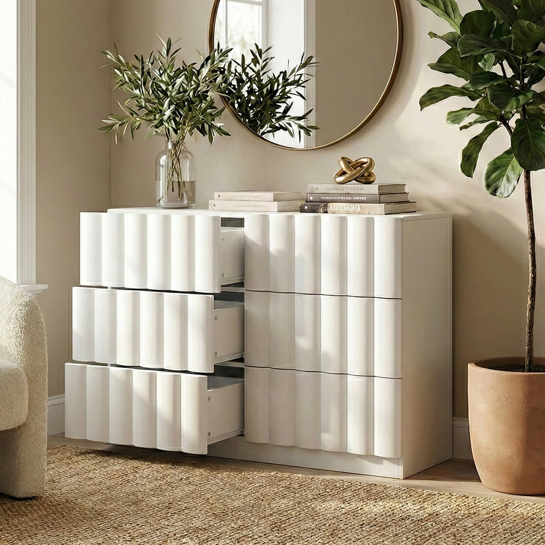 White six-drawer dresser with partially open drawers in a modern room setting