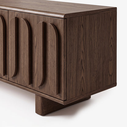 Dark wood sideboard on a white background, slightly cropped