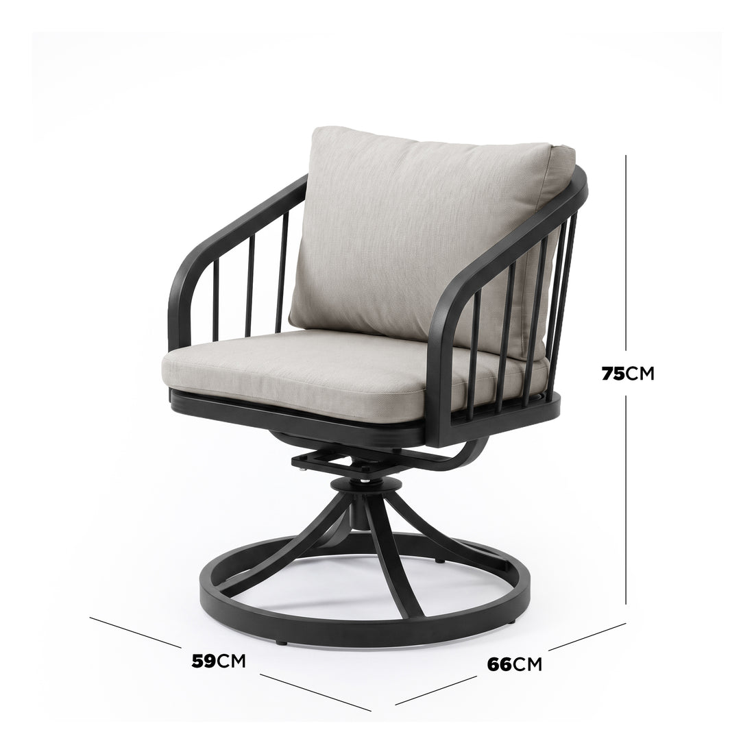 Modern swivel patio chair on white background with height, depth, and width dimensions shown