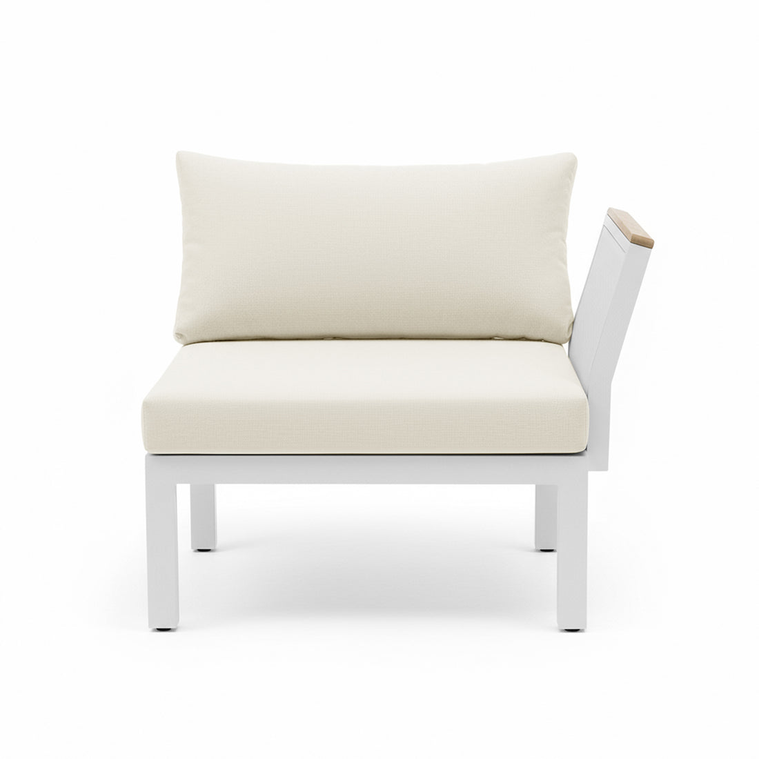 Sierra Outdoor Lounge Set in Beige features a minimalist single-seat design with a white metal frame and thick off-white cushions, showcasing a modern, resort-like aesthetic for outdoor settings.