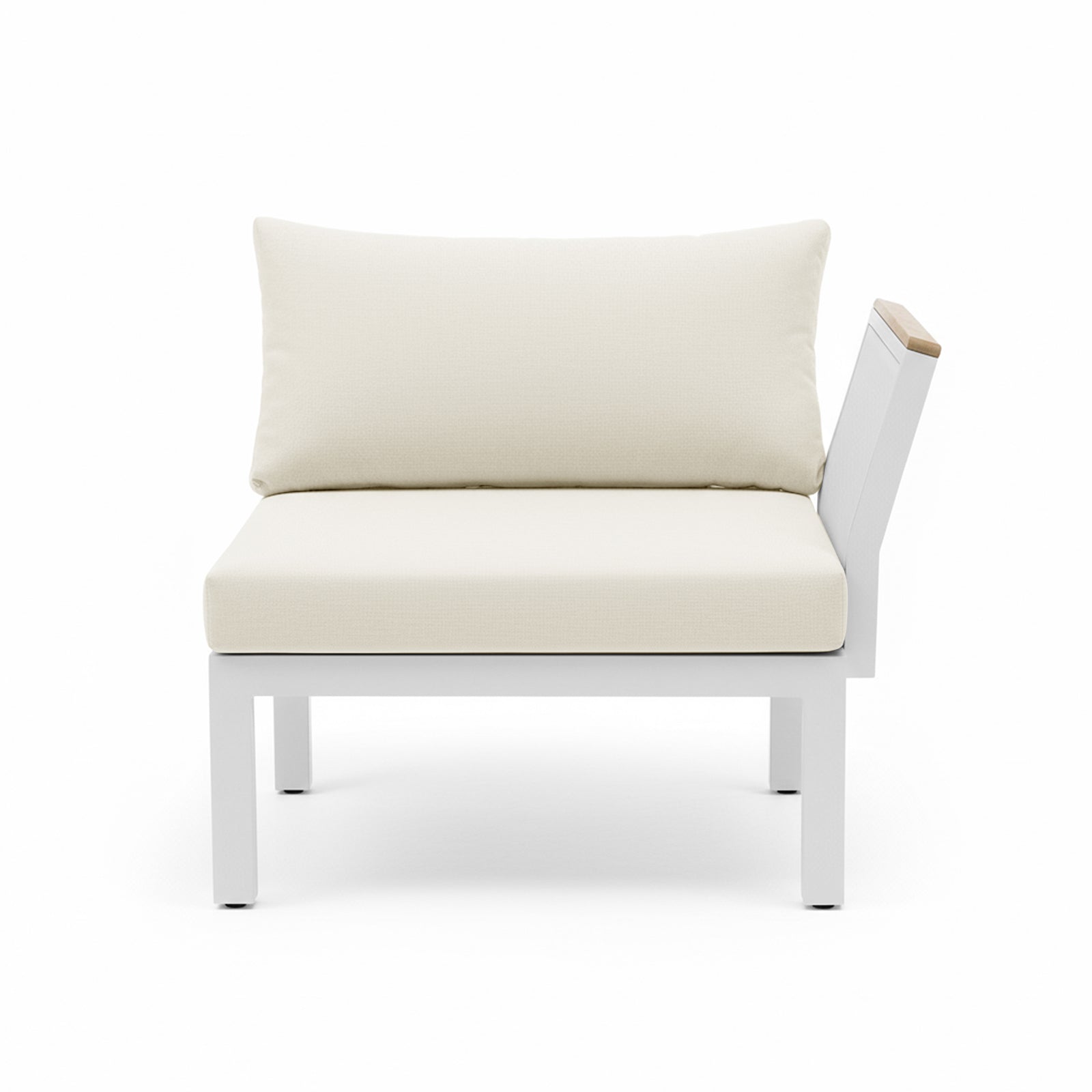 Sierra Outdoor Lounge Set in Beige features a minimalist single-seat design with a white metal frame and thick off-white cushions, showcasing a modern, resort-like aesthetic for outdoor settings.