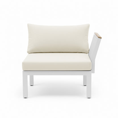 Sierra Outdoor Lounge Set in Beige features a minimalist single-seat design with a white metal frame and thick off-white cushions, showcasing a modern, resort-like aesthetic for outdoor settings.