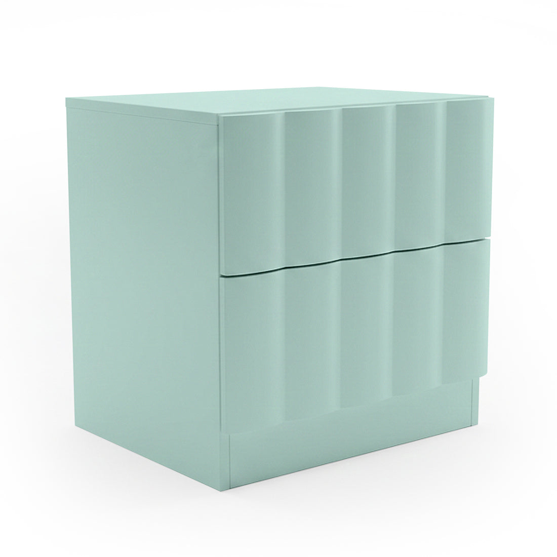 Light mint two-drawer cabinet with textured front on white background