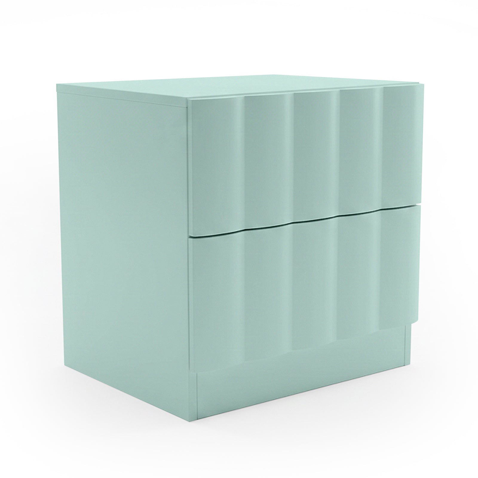 Light mint two-drawer cabinet with textured front on white background