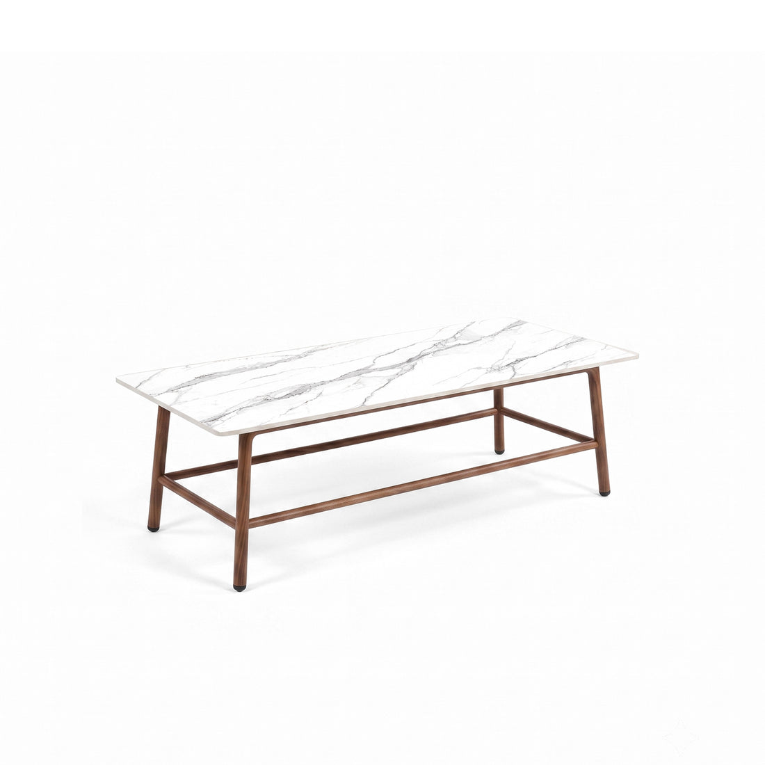Rectangular coffee table with white marble-effect top and wooden legs on white background