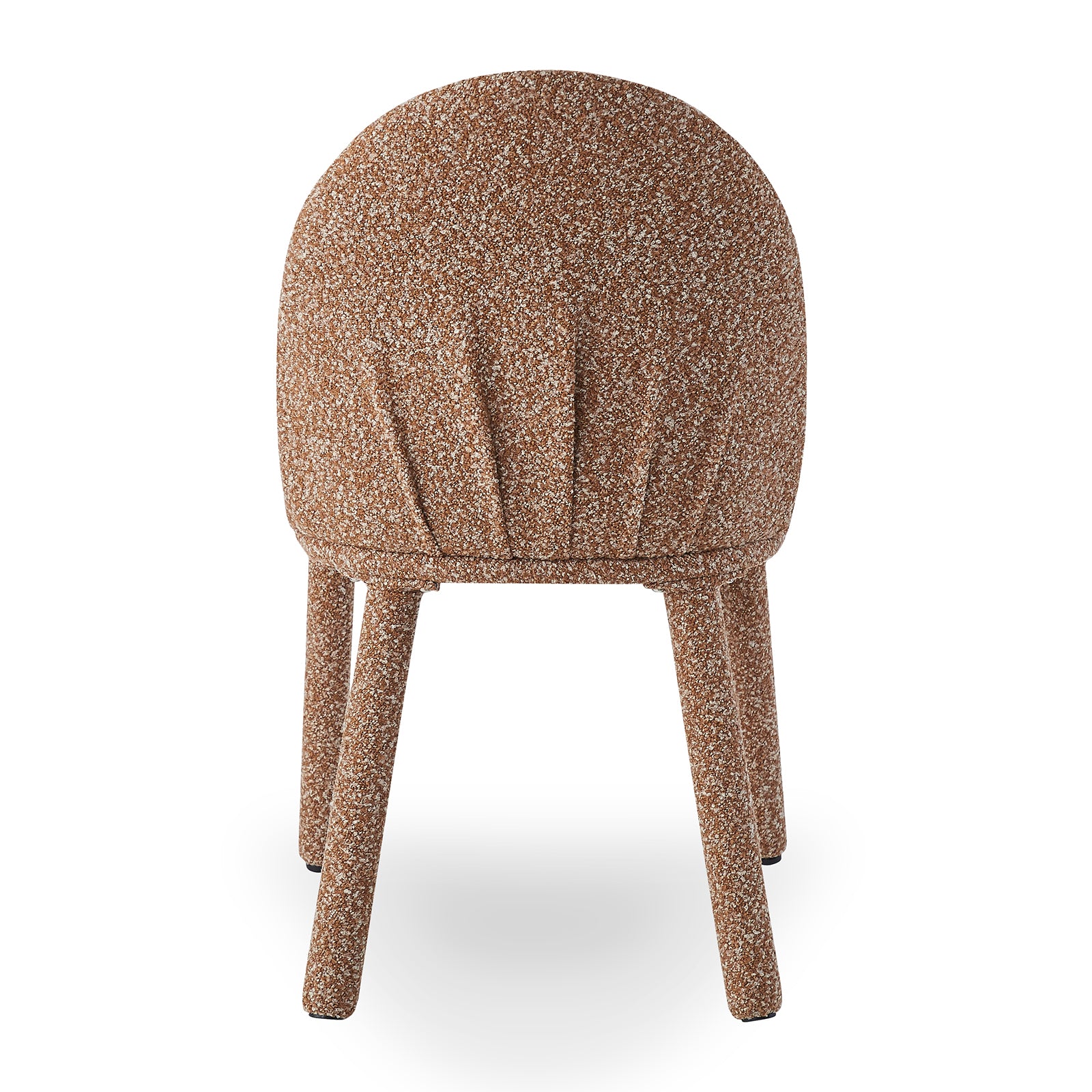 Joren Boucle Arched Dining Chair Set of 2 in Coral, featuring speckled bouclé upholstery, gently rounded seat, pleated sides, and fabric-covered legs, viewed from a rear angle against a white background.