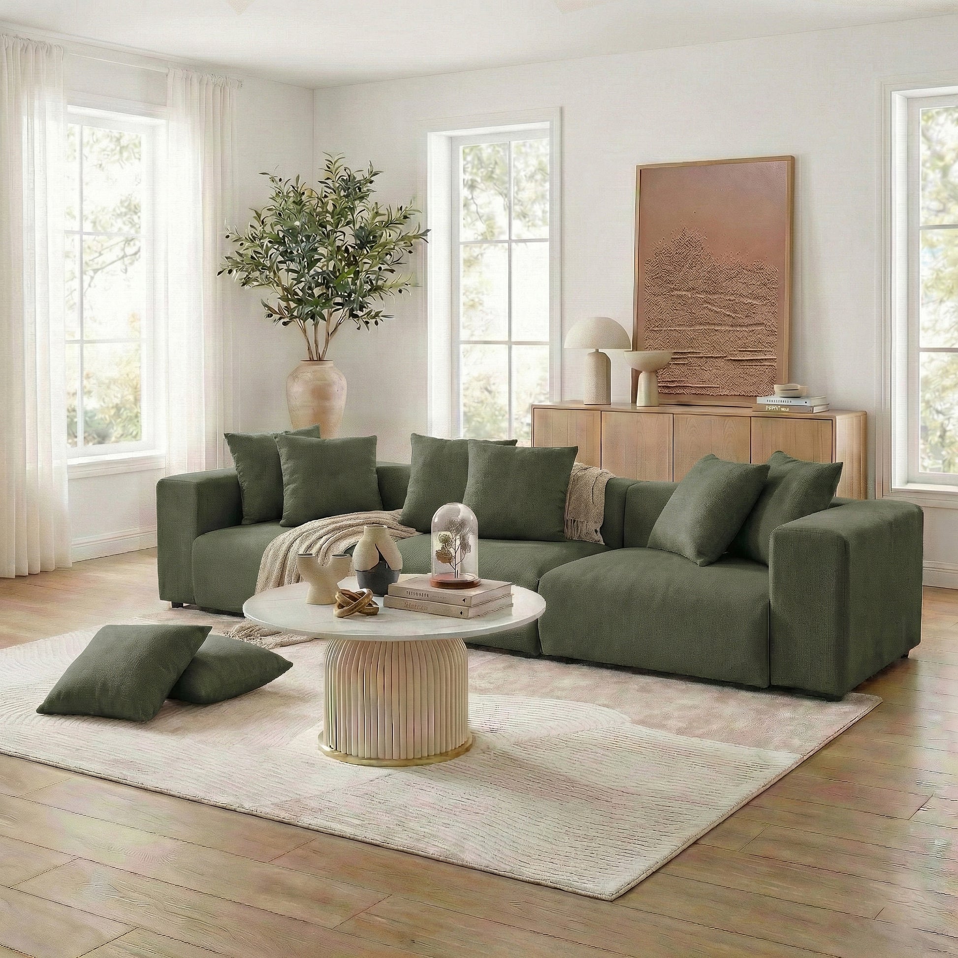 Green sectional sofa in modern living room setting