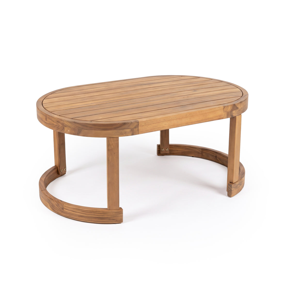Wooden coffee table with oval top on a white background