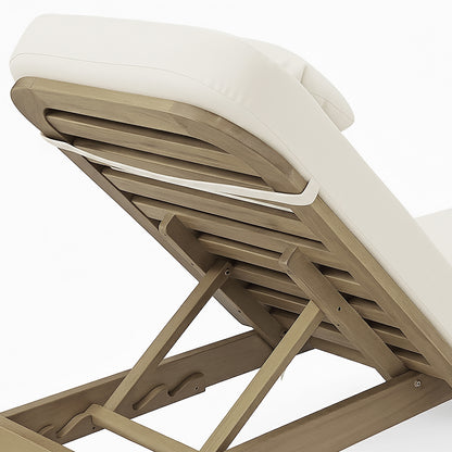 Underside view of the Zyra Hardwood Reclining Sun Lounger with Cushion in Cream, showcasing its slatted wooden frame, folding support arms, and plush cushion, highlighting its adjustable and sturdy design.