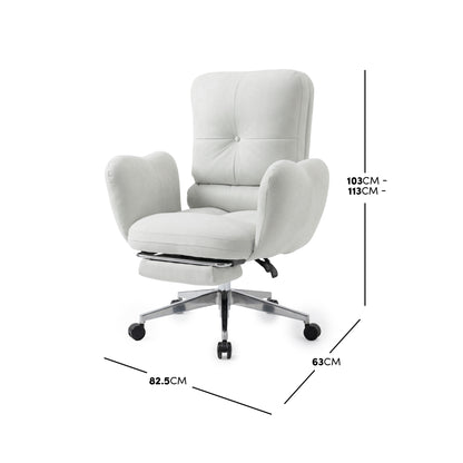 Light upholstered office chair on white background with dimensions labeled 103cm to 113cm height, 63cm depth, and 82.5cm width