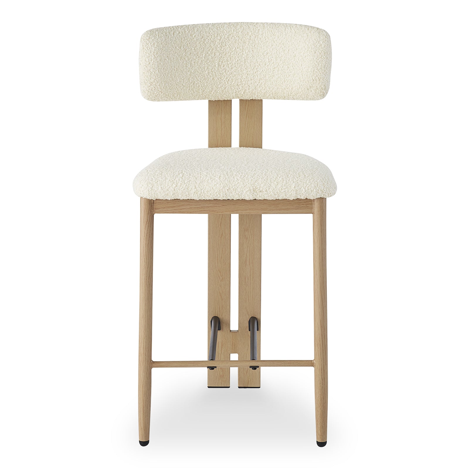 Haleo Curved Boucle Fabric Barstool Set of 2 in Cream White features oak frame with cross-stretchers, creamy textured upholstery on seat and low backrest, and wood-look metal legs.