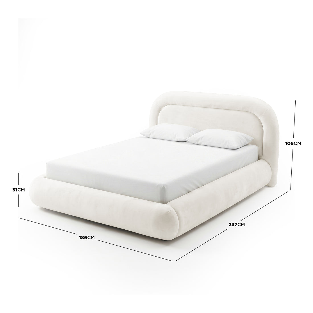 Upholstered bed with dimensions labeled on white background