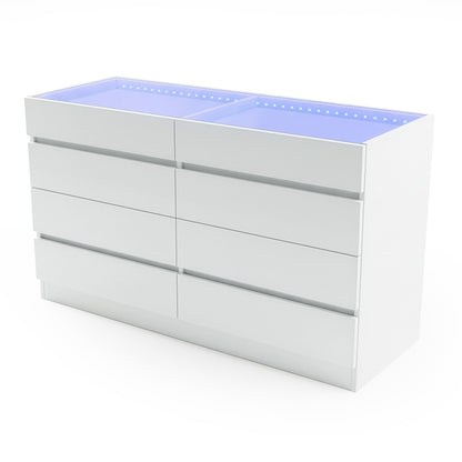 Modern white dresser with eight drawers and blue-tinted top trays on white background