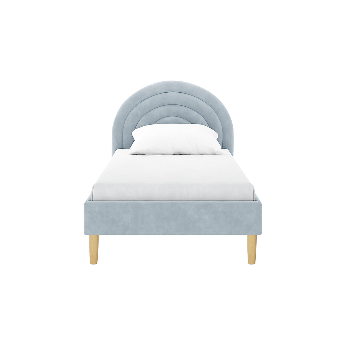 Estilla Velvet Rainbow Bed in Ice Blue featuring a light blue semi-arched headboard, white mattress, and pillow. Supported by wooden legs, it offers playful design, cozy velvet, and practical under-bed storage.