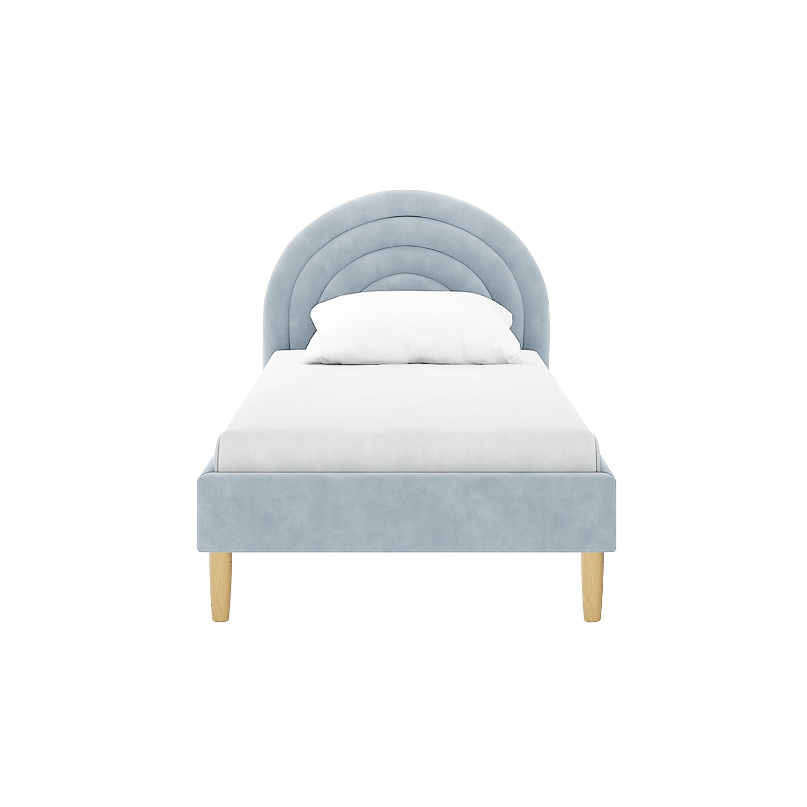 Estilla Velvet Rainbow Bed in Ice Blue featuring a light blue semi-arched headboard, white mattress, and pillow. Supported by wooden legs, it offers playful design, cozy velvet, and practical under-bed storage.