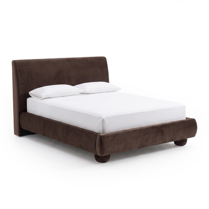Modern brown upholstered bed shown full length on a white background