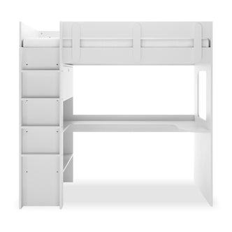 Hann Kids Single Loft Bed Desk Storage in White features a loft-style bed with a ladder of cubby shelves, built-in desk, and open shelf beneath the mattress, optimizing space efficiently.