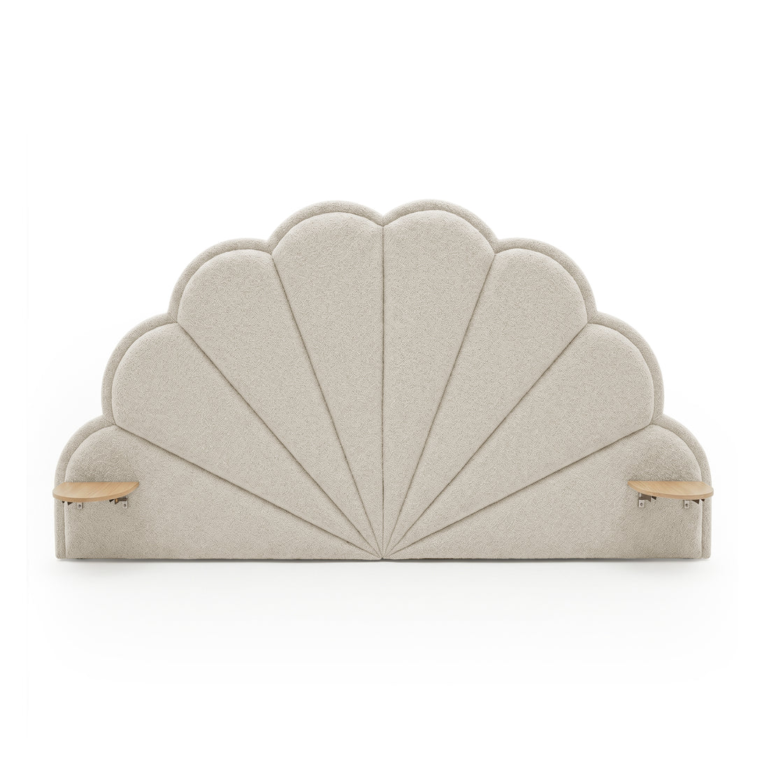 Upholstered scalloped headboard with wooden side shelves on white background