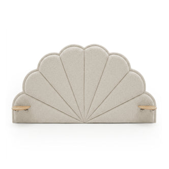 Upholstered scalloped headboard with wooden side shelves on white background